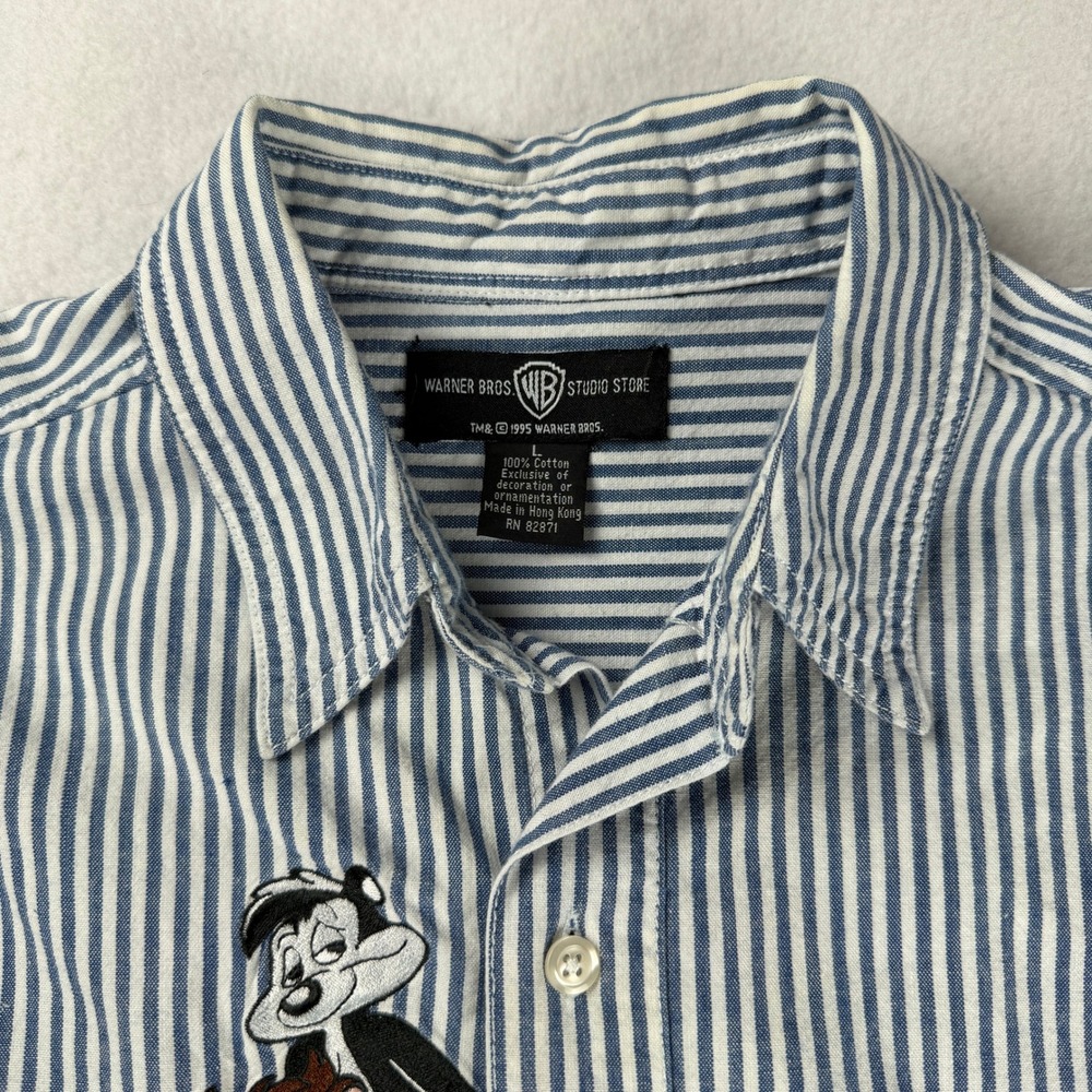 Vintage Warner Brothers 1995 Embroidered Looney Tunes Shirt Striped Blue Large - Picture 7 of 9